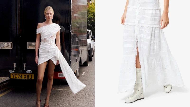 self-portrait Champagne Rhinestone Maxi Dress NT$36,800、ISABEL MARANT城市休閒米白色百褶裙NT$41,300