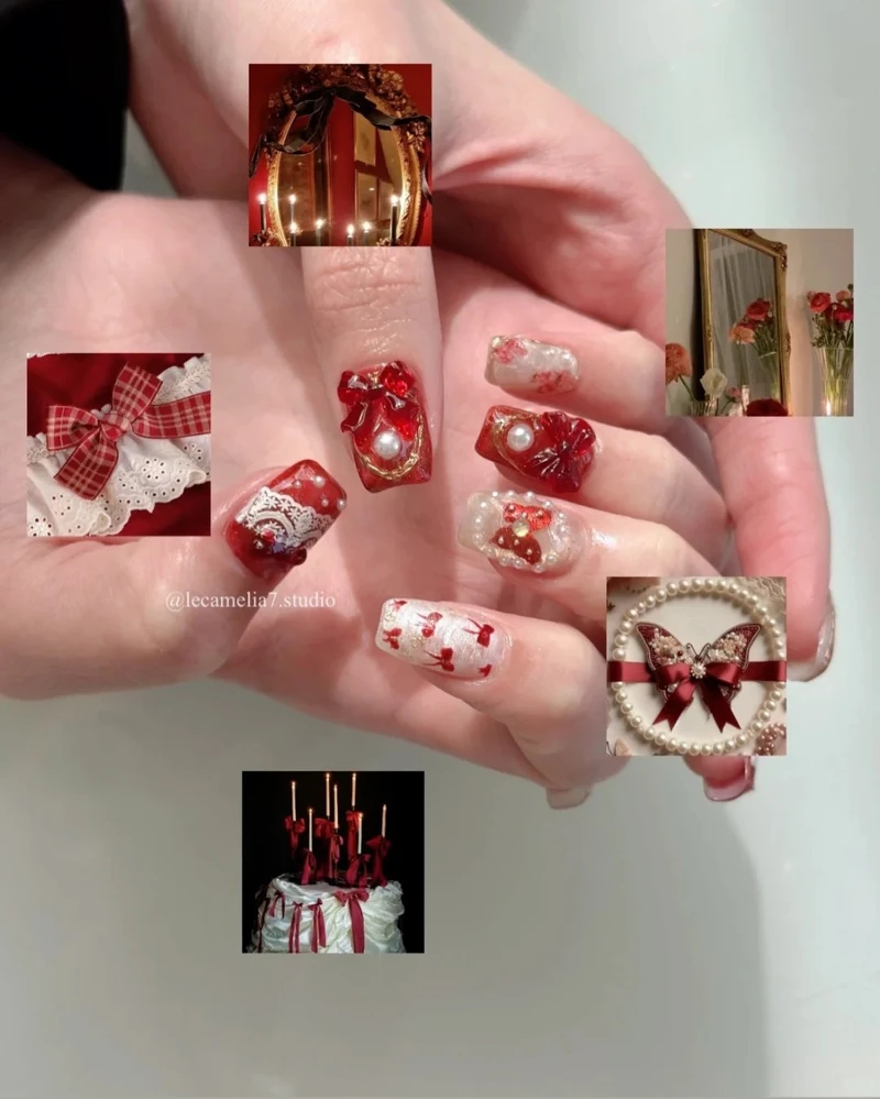 復古感珍珠項鍊美甲範本(Photo/小紅書@Giacomina)。