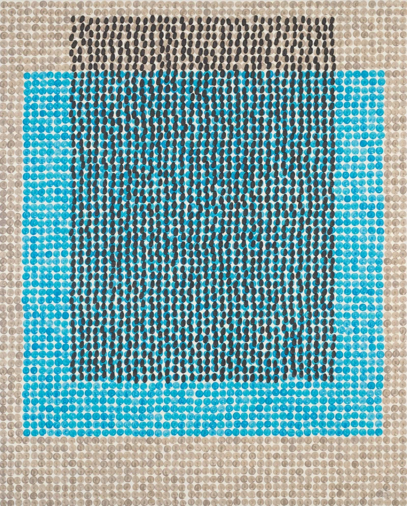 系列以点画呈现。作品《无我－波光 (03)》，162.2x130.3cm，複合媒材、画布，2014。