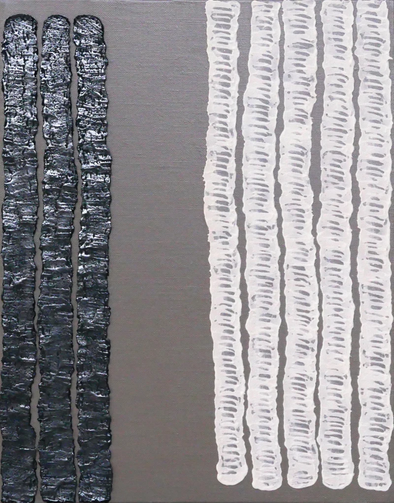 近期的系列，延伸至的研究。作品《感受－线 (9-02)》，40.9x31.8cm，複合媒材、画布，2024。