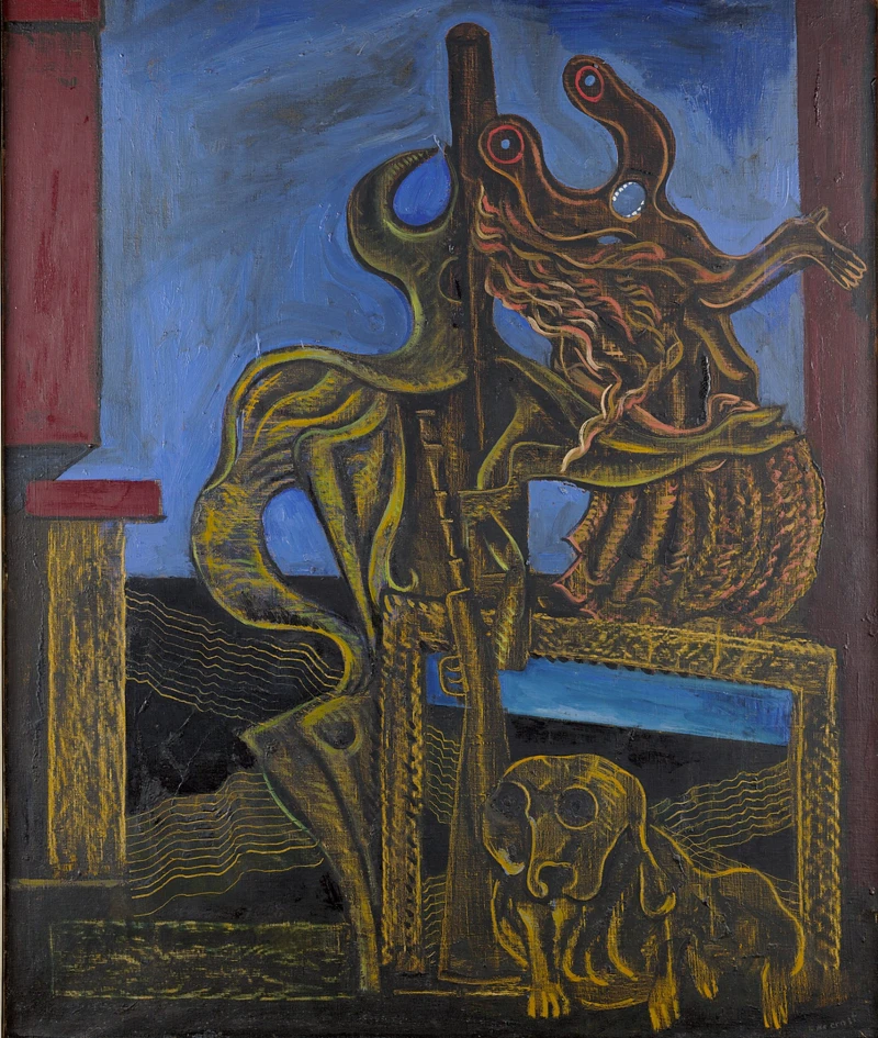 馬克斯.恩斯特,《獵人》,1926,油彩、畫布,100 × 81 公分。© VG Bild-Kunst, Bonn 2025,圖像由布魯塞爾伊克塞爾美術館(Musée d’Ixelles)典藏提供。 馬克斯.恩斯特,《獵人》,1926,油彩、畫布,100 × 81 公分。© VG Bild-Kunst, Bonn 2025,圖像由布魯塞爾伊克塞爾美術館(Musée d’Ixelles)典藏提供。