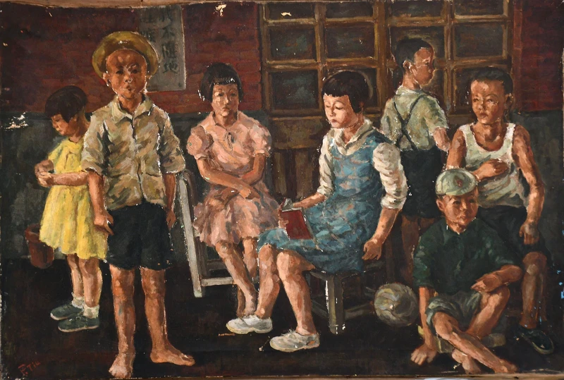 2025年捐贈入館典藏 張炳堂,《孩子們》,1951,油彩、畫布,61 × 91公分。臺北市立美術館典藏。 2025年捐贈入館典藏 張炳堂,《孩子們》,1951,油彩、畫布,61 × 91公分。臺北市立美術館典藏。