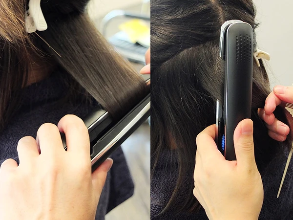 將頭髮分為 3~4 層。最裡層建議從中段之後開始，以平板造型夾捲出彎度。