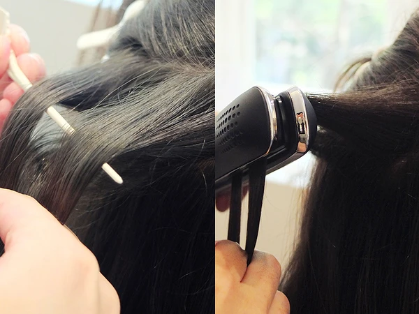 第二層（中外層）可先將髮束利用尖尾梳勾成三等份。將要的髮束挑起後，使用造型夾夾出想要的彎度，依序完成即可。