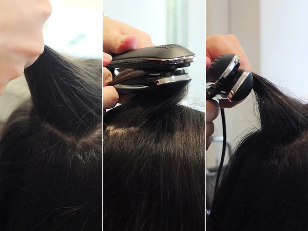  為了讓頭頂區能呈現漂亮的圓弧感，可以用造型夾，順著倒C的弧度，讓頭頂看起來較蓬鬆