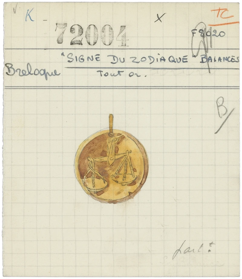 Libra Zodiac天秤座圓墜圖案產品紀錄卡，1955年_Van Cleef & Arpels Archives