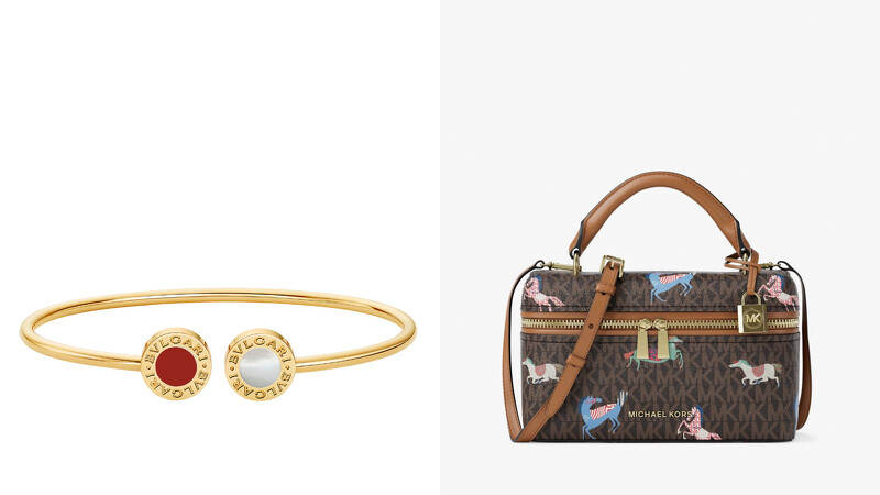 左:Bvlgari 黃K金紅玉髓與母貝手環,右:Michael Kors 2026農曆新年膠囊系列JANA咖啡色經典LOGO印花肩背提包。 左:Bvlgari 黃K金紅玉髓與母貝手環,右:Michael Kors 2026農曆新年膠囊系列JANA咖啡色經典LOGO印花肩背提包。