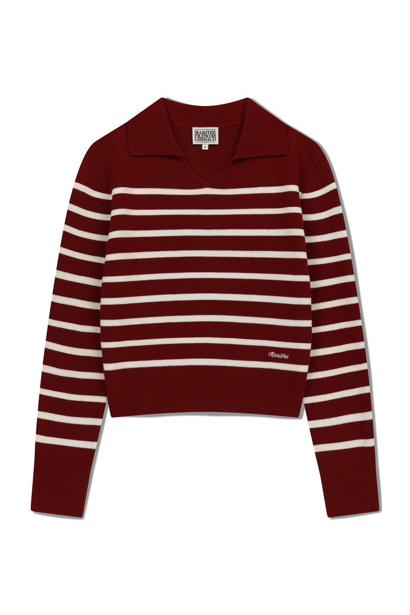 女款開襟條紋V領針織上衣 酒紅 NT$4690 女款開襟條紋V領針織上衣 酒紅 NT$4690