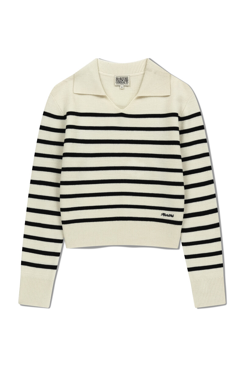 女款開襟條紋V領針織上衣 象牙白 NT$4690 女款開襟條紋V領針織上衣 象牙白 NT$4690