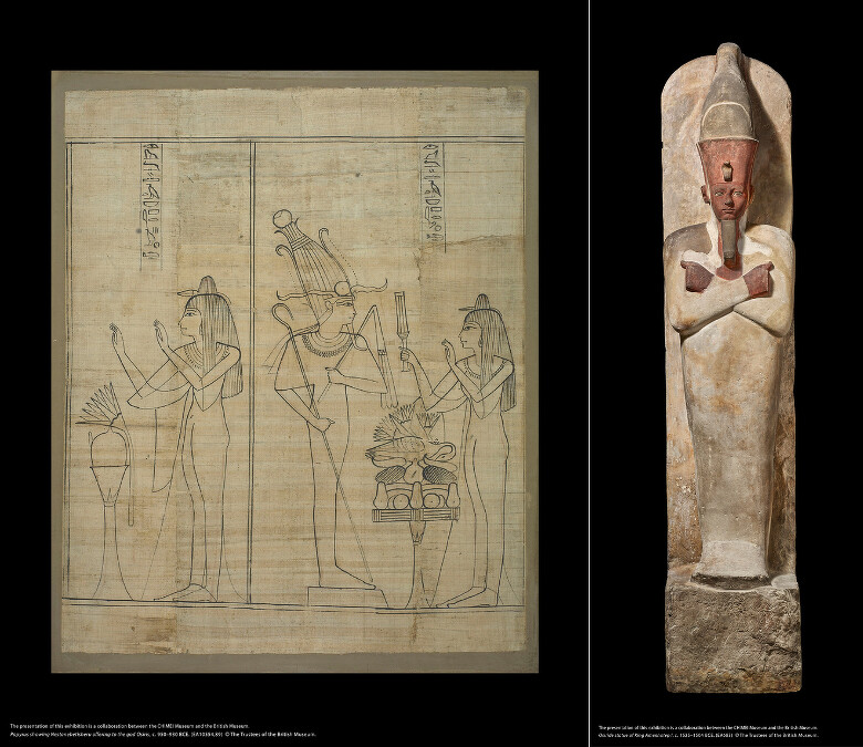 左圖:描繪「內斯塔內貝蒂舍魯向冥界之神歐西里斯獻供」的莎草紙,約西元前950–930年。(EA10554,89)圖片版權:大英博物館理事會。右圖:歐西里斯造型的阿蒙霍特普一世雕像,約西元前1525–1504年。這尊雕塑原是大英博物館常設作品之一,此次要離開英國一年,幕後團隊都很捨不得。(EA683)圖片版權:大英博物館理事會 左圖:描繪「內斯塔內貝蒂舍魯向冥界之神歐西里斯獻供」的莎草紙,約西元前950–930年。(EA10554,89)圖片版權:大英博物館理事會。右圖:歐西里斯造型的阿蒙霍特普一世雕像,約西元前1525–1504年。這尊雕塑原是大英博物館常設作品之一,此次要離開英國一年,幕後團隊都很捨不得。(EA683)圖片版權:大英博物館理事會