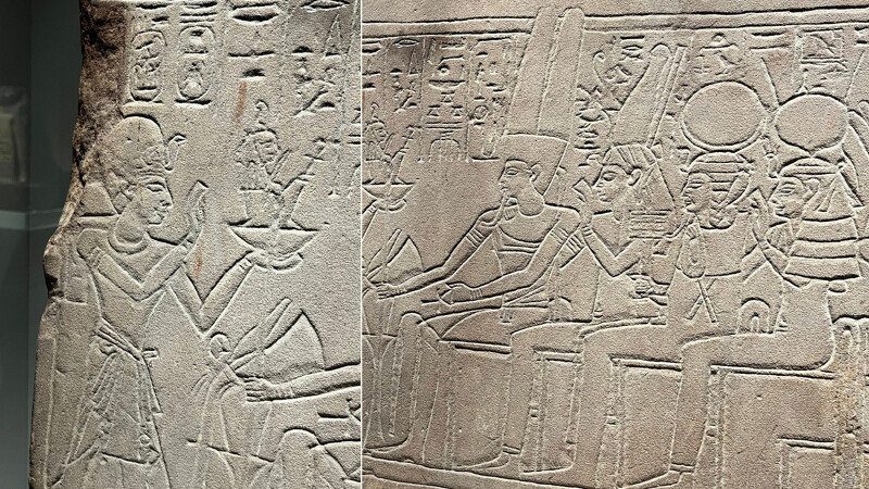 左圖:小型瑪特女神雕像。右圖:四位神祇:阿蒙一拉(Amun-Ra)、姆特(Mut)、孔蘇(Khonsu)與哈索爾(Hathor)。Melody TU 採訪拍攝 左圖:小型瑪特女神雕像。右圖:四位神祇:阿蒙一拉(Amun-Ra)、姆特(Mut)、孔蘇(Khonsu)與哈索爾(Hathor)。Melody TU 採訪拍攝