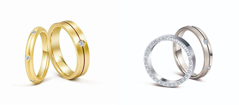 （左）IL REGALO 18K 金钻石对戒、（右）IL REGALO 950铂金钻石对戒。