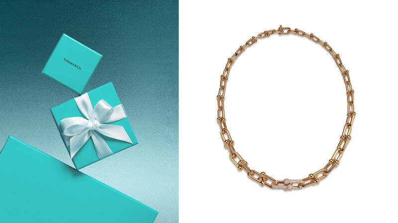 Tiffany HardWear 黄K金镶钻渐层扣环项鍊。