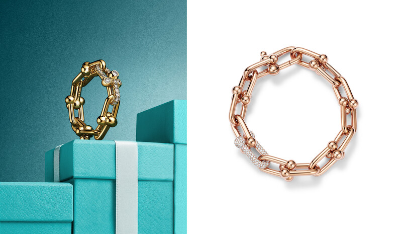 Tiffany HardWear 玫瑰K金镶钻手鍊(大型款)。