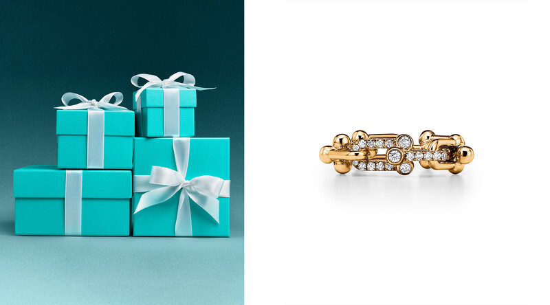 Tiffany HardWear 黄K金镶钻戒指。