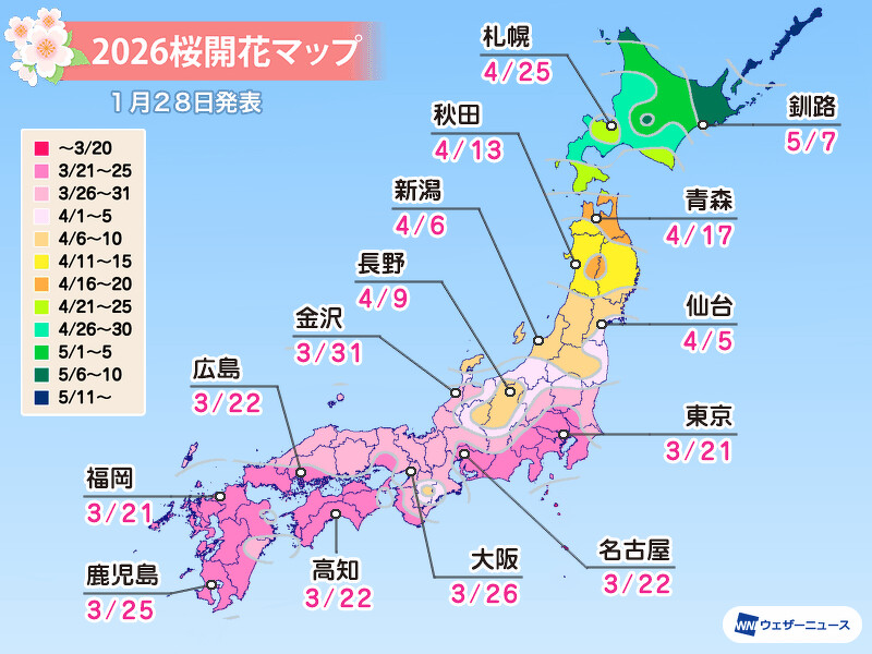 日本氣象新聞公司Weathernews公開2026各地櫻花開花時間