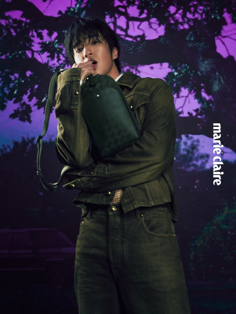 丹寧夾克、針織背心、刺繡襯衫、丹寧長褲，all by Louis Vuitton；Extreme 3.0 單肩包，Montblanc。