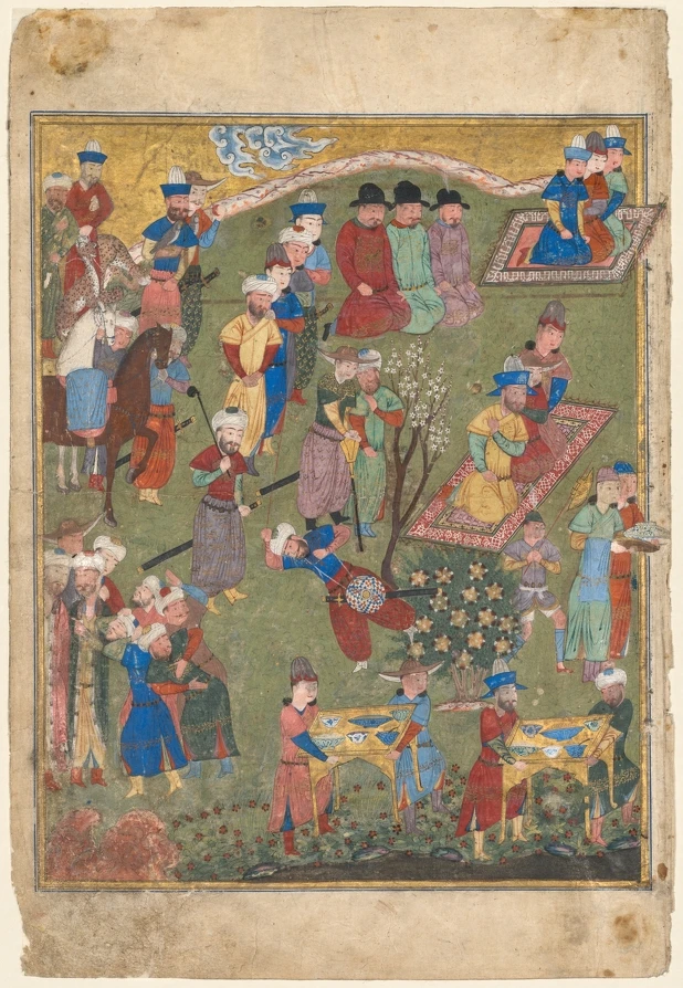 出現青花瓷的波斯細密畫手稿，伊朗，帖木兒時期（約 1370&ndash;1501 年）。（Cleveland Museum of Art 館藏）