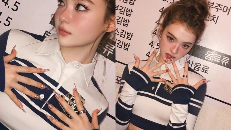 Ella的酒紅線條美甲(Photo/IG@meovv)