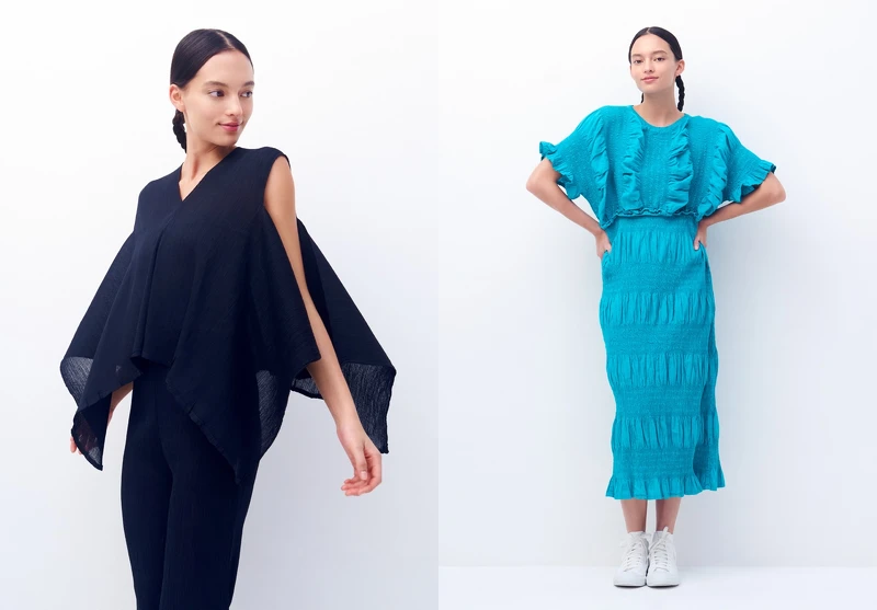 (左) FLAT SEE-THROUGH CREPE V领上衣、FLAT SEE-THROUGH CREPE窄管造型裤。(右) SHRINK STRIPE圆领连衣裙。