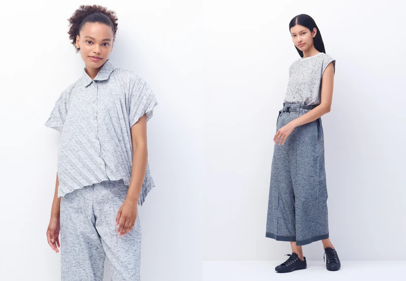 (左) REmeTEX NEP PLEATS SHIRT翻领短袖上衣、REmeTEX NEP DENIM拉腰裤。(右) REmeTEX NEP JERSEY圆领包袖上衣、REmeTEX NEP DENIM拉腰宽管裤。