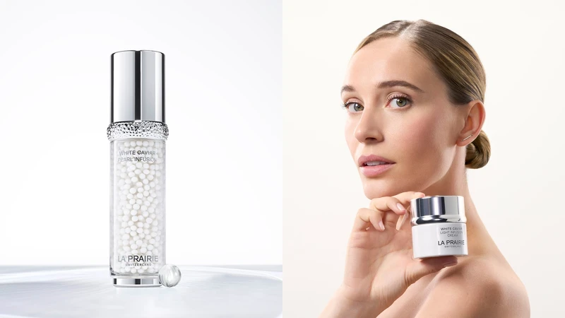 （左）LA PRAIRIE 鑽白魚子時空亮顏菁華、（右）LA PRAIRIE 鑽白魚子時空亮顏緊膚霜。