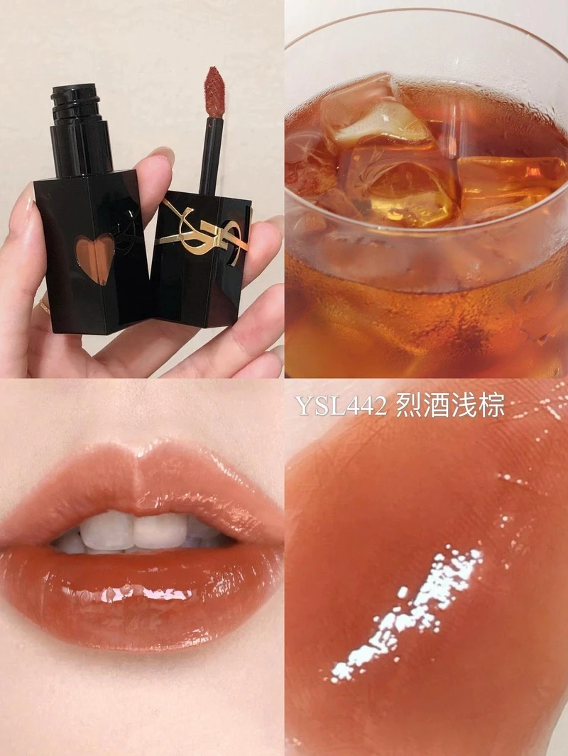 YSL奢華印記鎖心光唇釉#442 梅酒冰茶實擦示範(Photo/小紅書@Jerrain)。