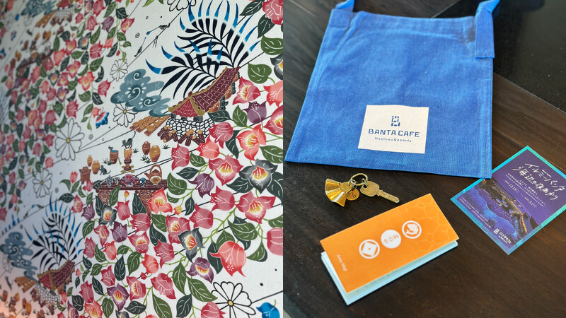 壁纸印着沖绳传统吉祥物与花卉图腾；入住时附上园区导览地图