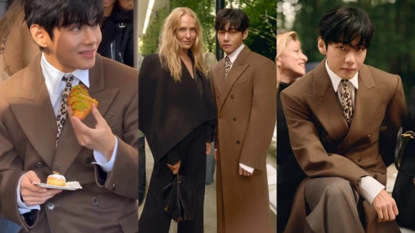 BTS V 金泰亨一身焦糖棕色大衣現身巴黎吃可頌！與烏瑪舒曼同框CELINE 26夏季大秀，造型解析一次看