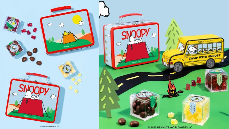 sugarfina 攜手 Snoopy推出的「Camp with Snoopy」聯名系列，以三款全新風味糖果與精緻收藏禮盒設計，將童趣可愛化作精緻質感日常，送禮自用都完美！